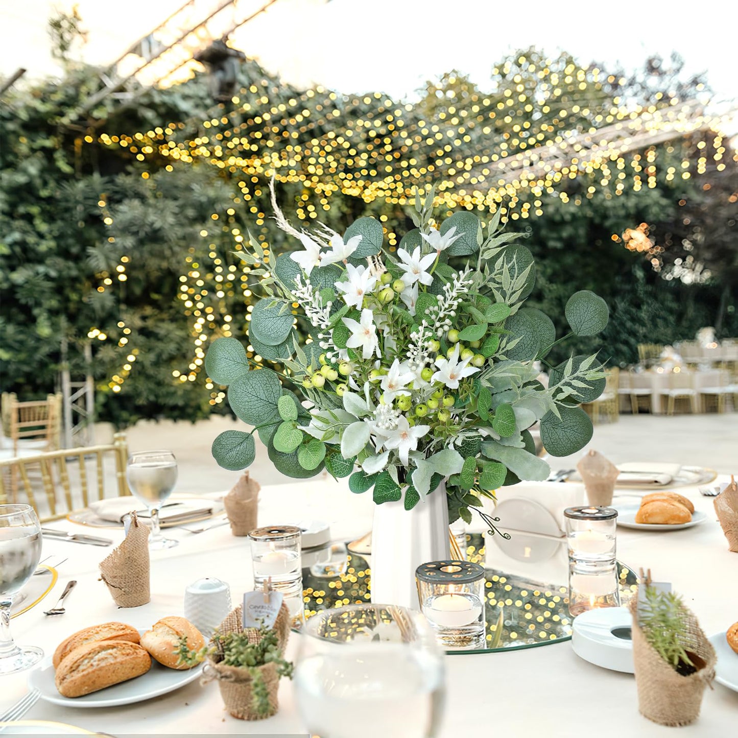 KHOYIME Artificial Greenery Stems Set with 8 Kinds of Eucalyptus Leaves White Flowers Berries Mixed Fake Green Plants Bulk Faux DIY Floral Bouquets Arrangement for Home Table Wedding Party Decor 75PCS