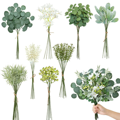 KHOYIME Artificial Greenery Stems Set with 8 Kinds of Eucalyptus Leaves White Flowers Berries Mixed Fake Green Plants Bulk Faux DIY Floral Bouquets Arrangement for Home Table Wedding Party Decor 75PCS