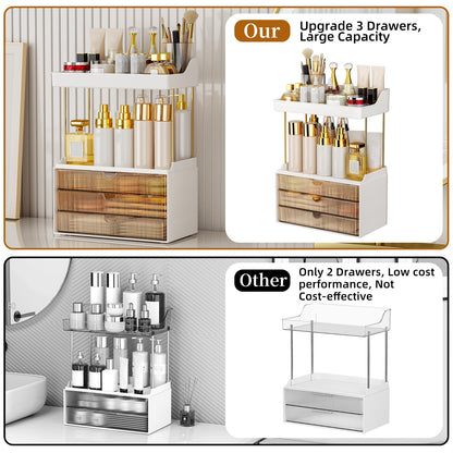 3 Drawers Makeup Organizer - 5 Tier Bathroom Organizers and Storage, Stackable Versatile Perfume Vanity Organizer, Ideal for Cosmetic, Large Skincare, Face Mask, Office Supplies, Amber