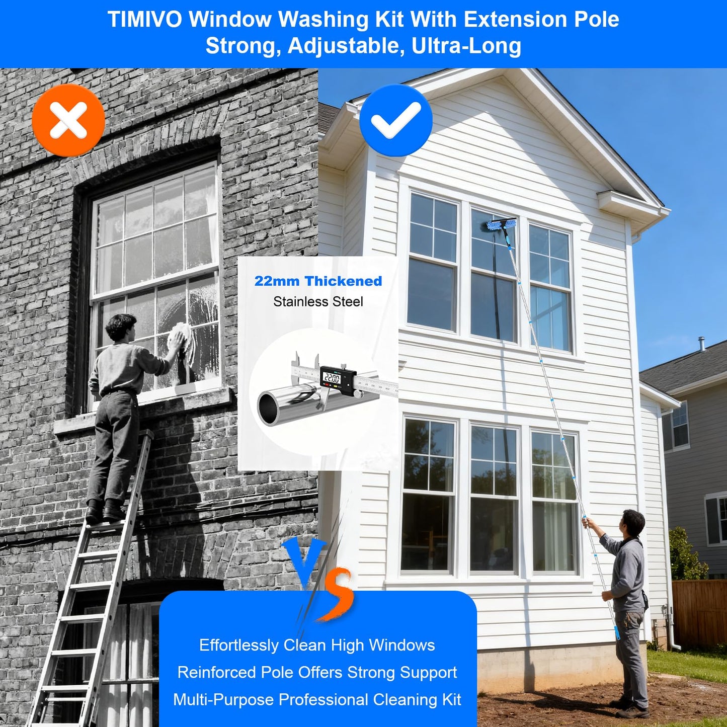 12.7FT/ 3.9M Window Cleaning Tools Window Squeegee, 2 in 1 Rotatable Window Washing Kit with Extension Pole for High Windows, Ceilings, Cars