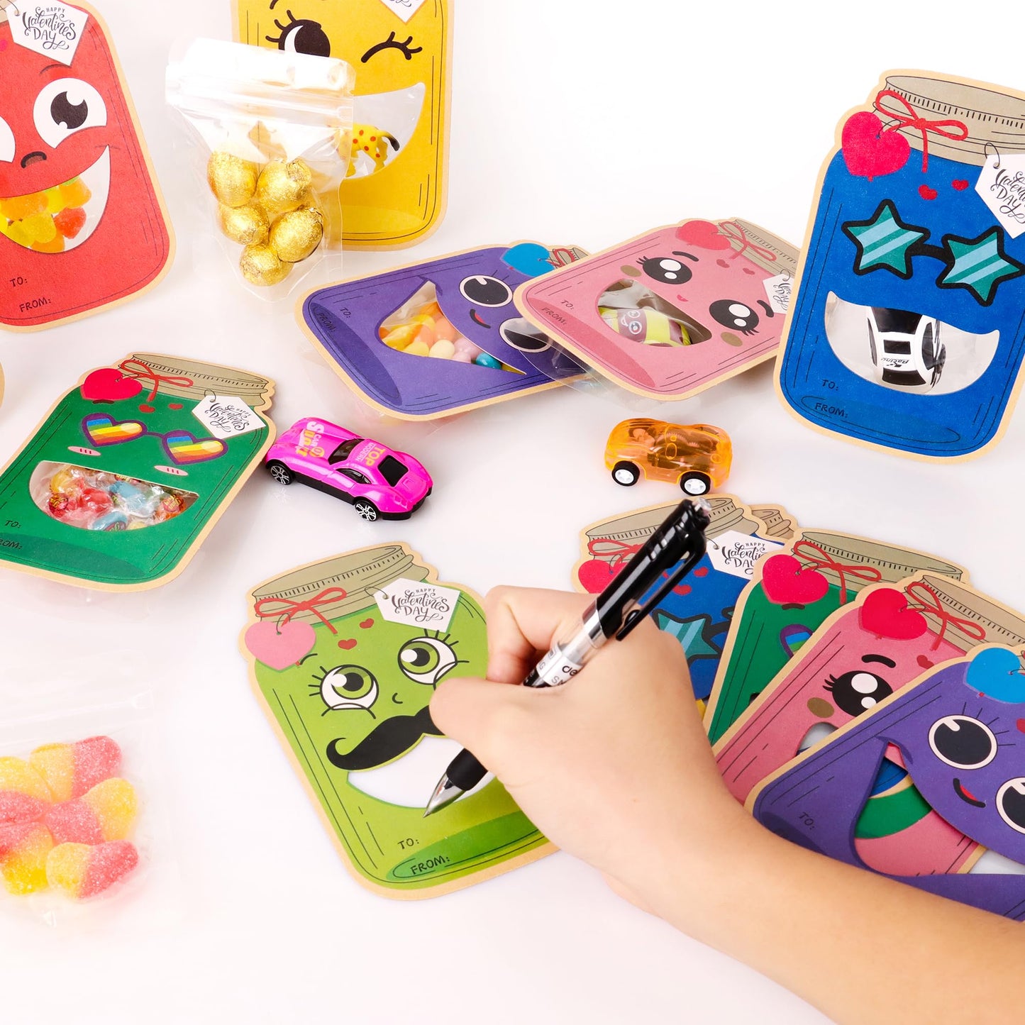 POPGIFTU Valentines Day Cards – 48 Pack Funny Face Mason Jar Valentine Cards with Treat Bags, Exchange Cards for Valentines Day (Candy Not Included)
