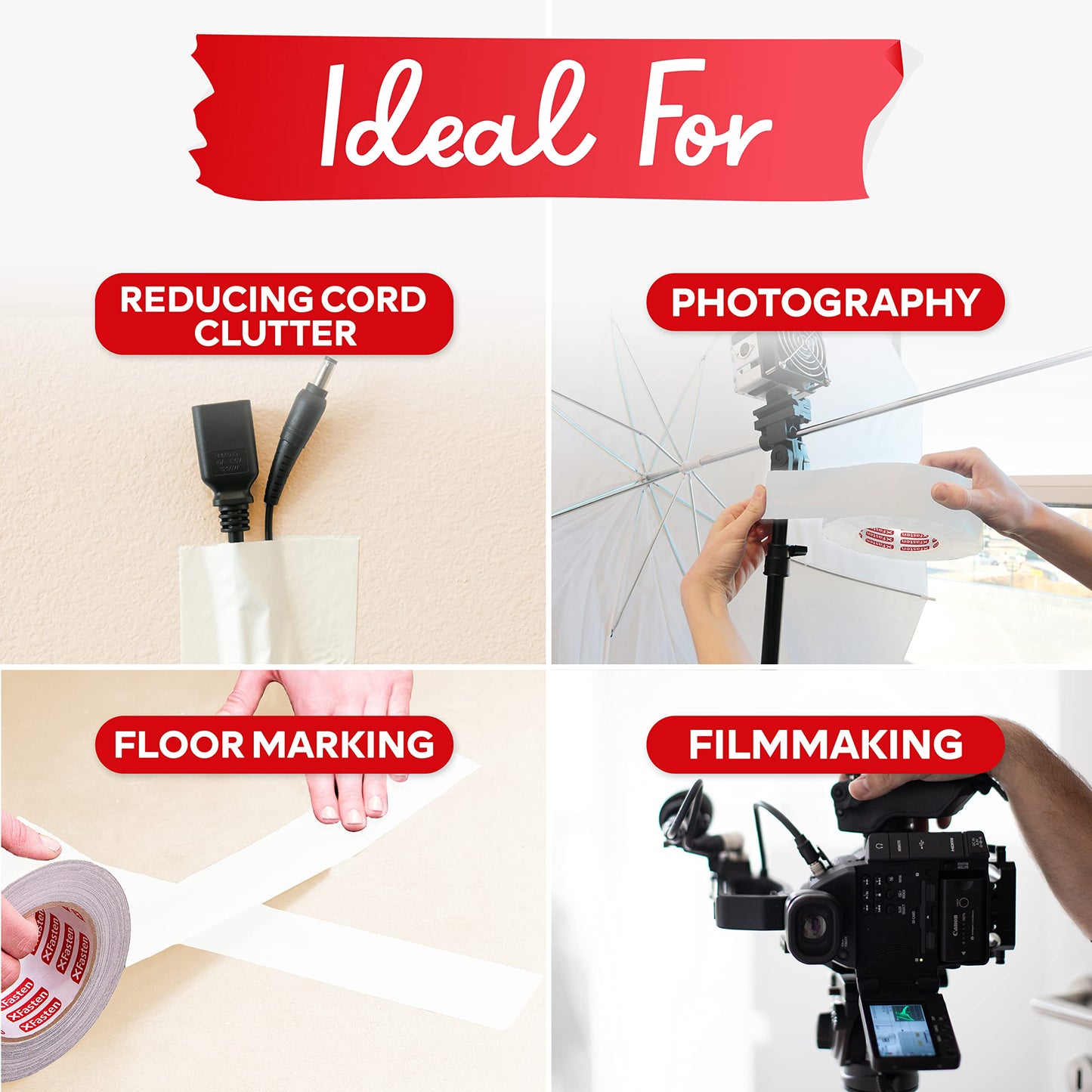 XFasten White Gaffers Tape 3 Inch X 30 Yards, Multipurpose, No Residue Gaffing Tape, White Gaff Tape Non-Reflective Matte Finish for Filming, Indoor, Outdoor Locations, Pro Gaff White Tape for Walls