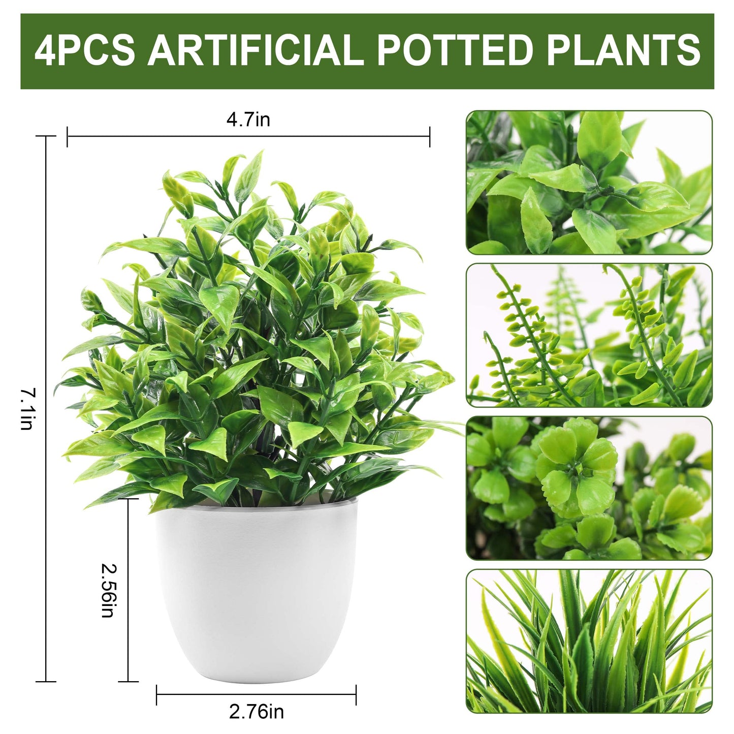 Der Rose Fake Plants 4 Packs Artificial Plants Small Faux Plants in White Pot for Bathroom Home Office Table Decor Indoor