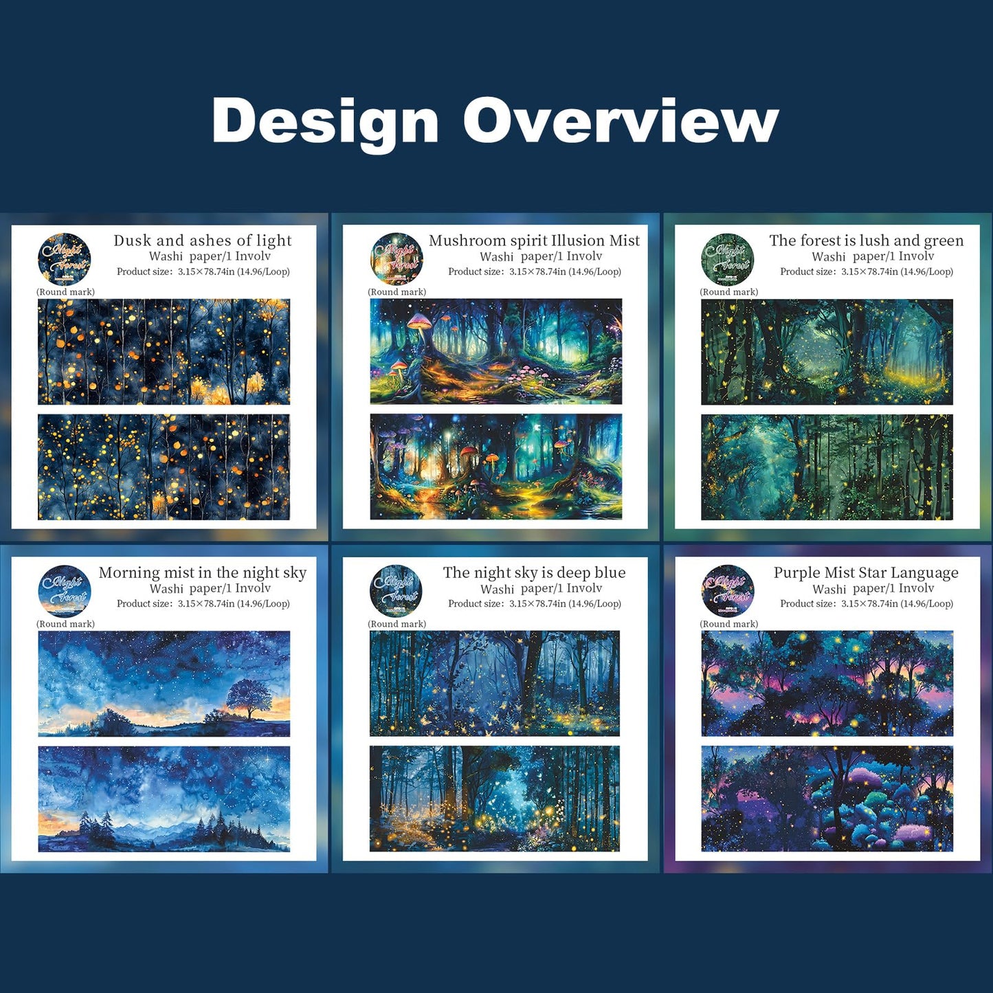 AuriicLeaf Night Forest Seamless Washi Tape Scrapbook Kit – 6 Rolls with Starry Sky, Fairy Woods & Twilight Designs for Journaling, DIY Crafts, Gift Wrapping, Card Making, Decoration, 3.15in Wide