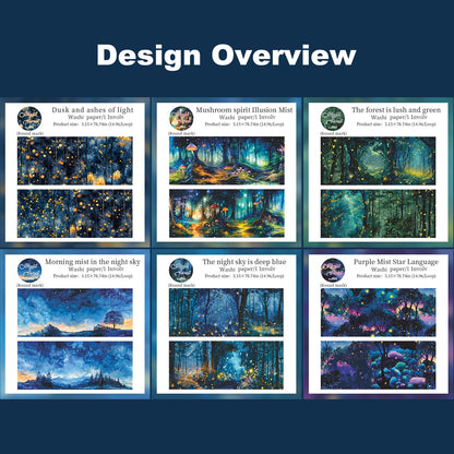 AuriicLeaf Night Forest Seamless Washi Tape Scrapbook Kit – 6 Rolls with Starry Sky, Fairy Woods & Twilight Designs for Journaling, DIY Crafts, Gift Wrapping, Card Making, Decoration, 3.15in Wide