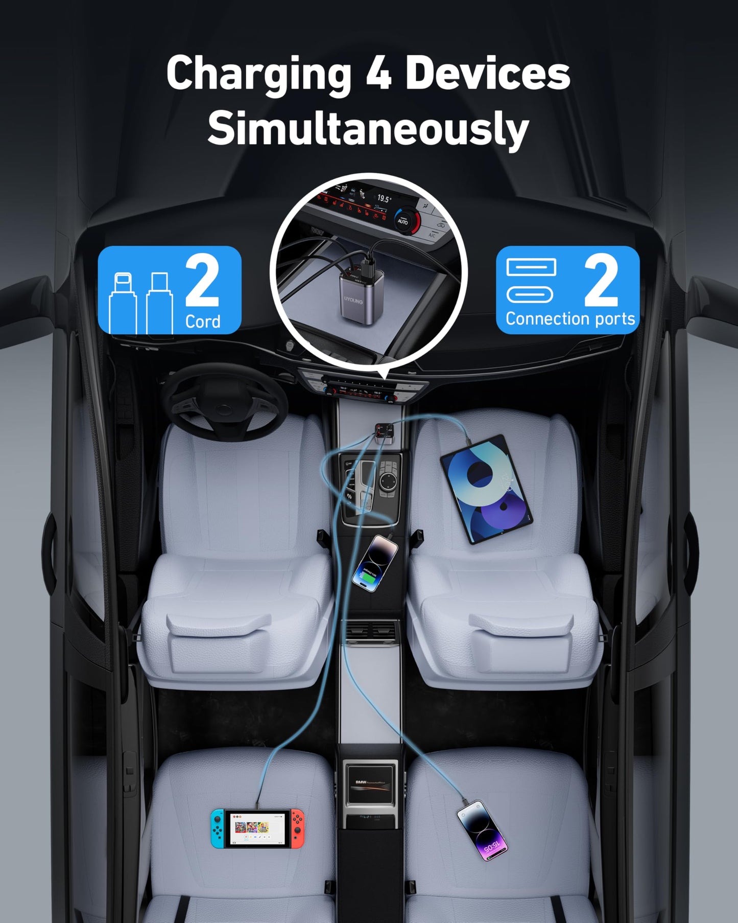 4 in 1 Retractable Car Charger, 4-in-1 Fast Car Phone Charger with 2 Retractable Cables 2.5FT and 2 USB Ports Compatible with i Phone 15/14/13/12/11 Pro Max/XR/XS,Galaxy,Pixel,iPad/iPod