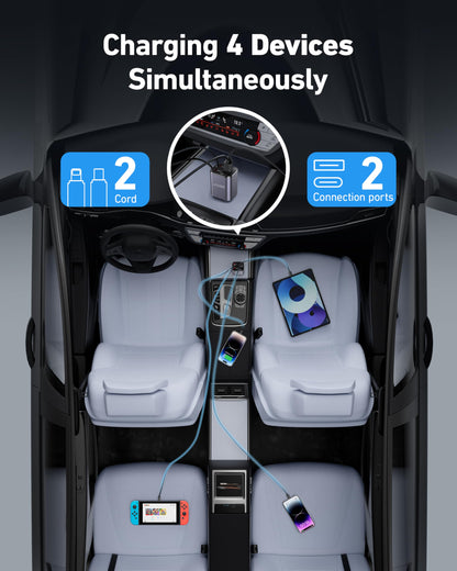 4 in 1 Retractable Car Charger, 4-in-1 Fast Car Phone Charger with 2 Retractable Cables 2.5FT and 2 USB Ports Compatible with i Phone 15/14/13/12/11 Pro Max/XR/XS,Galaxy,Pixel,iPad/iPod