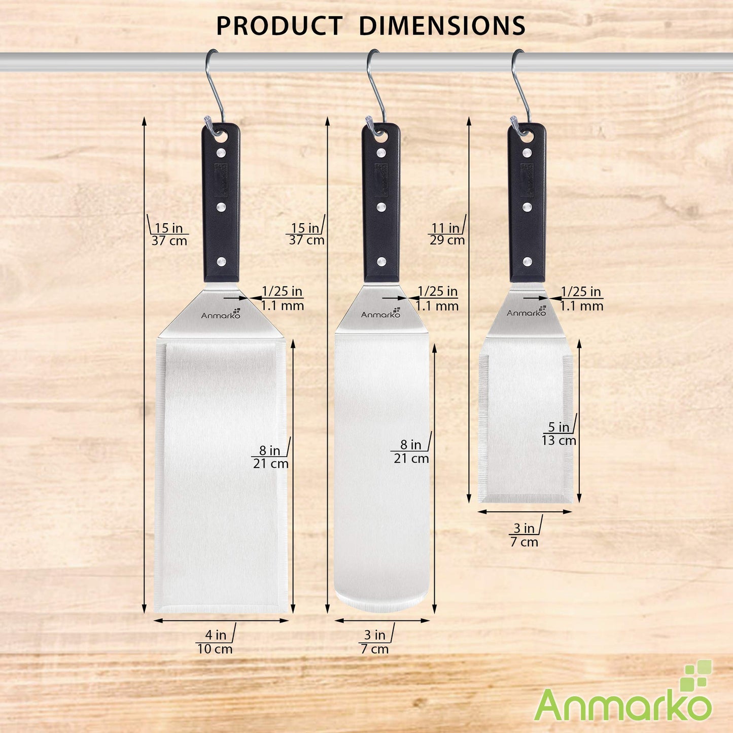 Anmarko Stainless Steel Griddle Spatula Set - Heavy Duty & Sturdy - 3 Piece Set - Dishwasher Safe