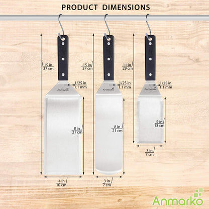 Anmarko Stainless Steel Griddle Spatula Set - Heavy Duty & Sturdy - 3 Piece Set - Dishwasher Safe