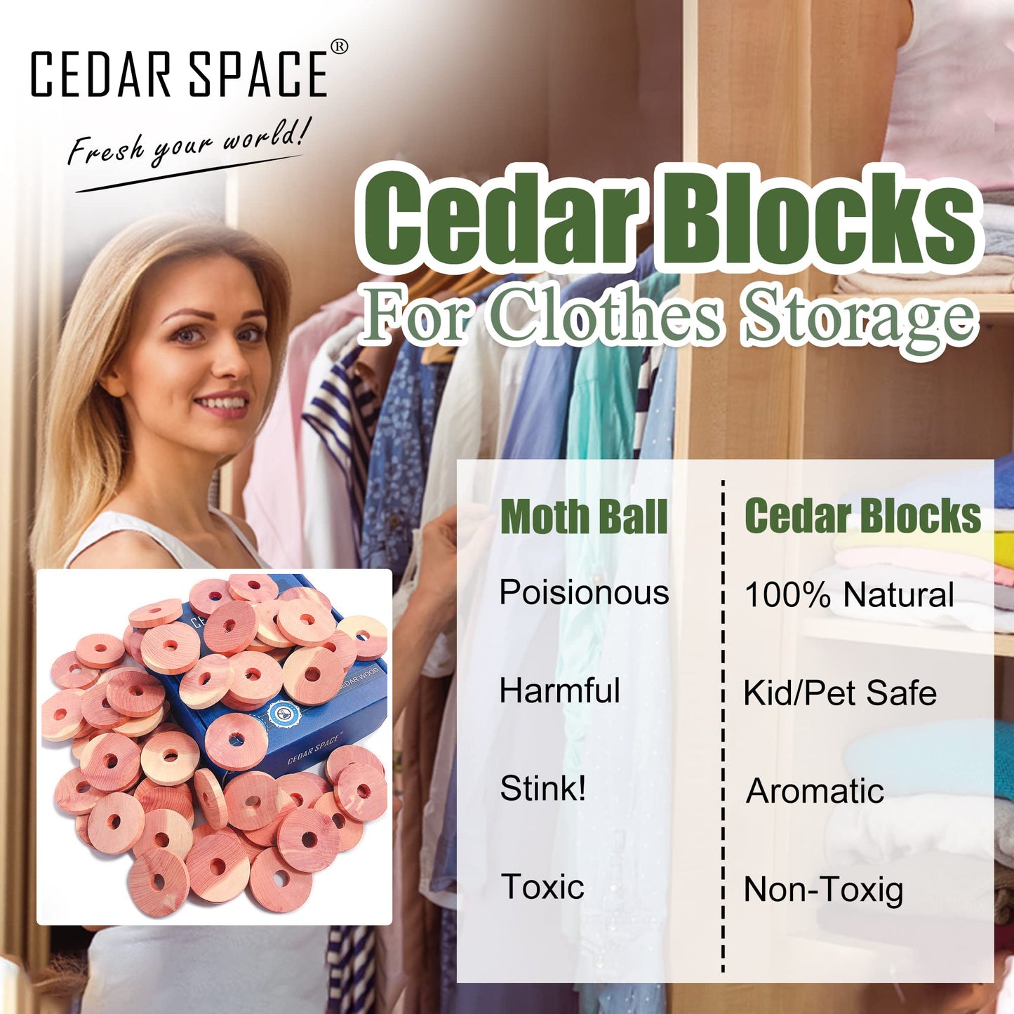 Cedar Space Cedar Blocks for Clothes Storage 100% Natural Aromatic Red Cedar Rings 54Pcs Protection for Wardrobes Closets and Drawers