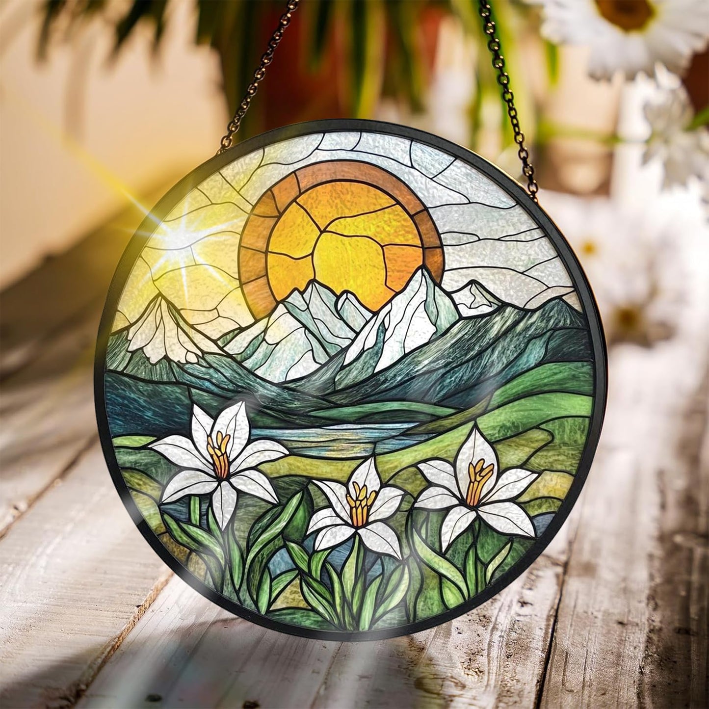 Bimkole Sun Mountain Stained Glass Suncatcher Window Hanging - Flowers Indoor Window or Doorway Decoration - Handmade Sun Catcher Decor for Garden Home Christmas & Birthday Gifts 7.87x7.87 Inch