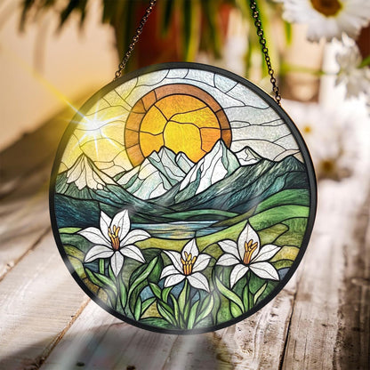 Bimkole Sun Mountain Stained Glass Suncatcher Window Hanging - Flowers Indoor Window or Doorway Decoration - Handmade Sun Catcher Decor for Garden Home Christmas & Birthday Gifts 7.87x7.87 Inch