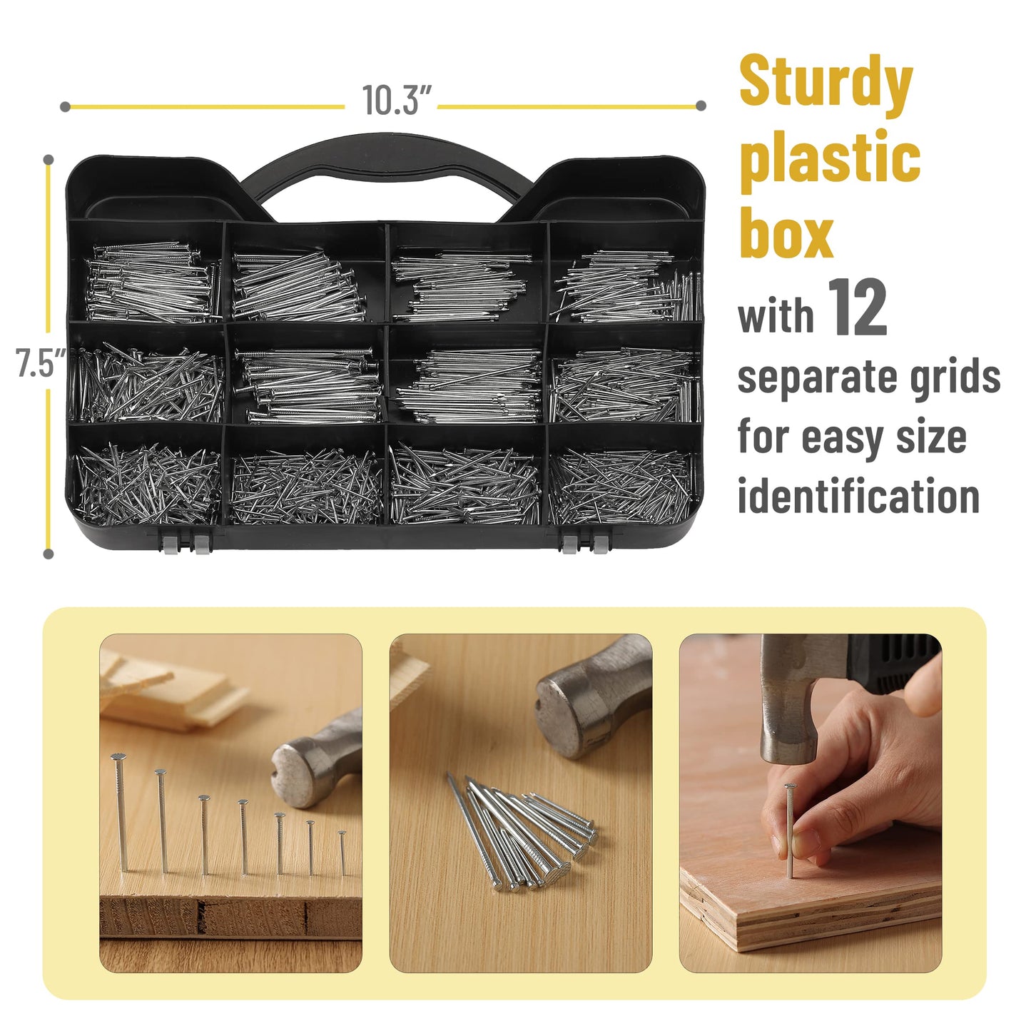 Mr. Pen Nail Assortment Kit, 1500 Pcs, Assorted 12 Sizes Brad Head and Flat Head Zinc-Galvanized Nails, Suitable for General Repairs and Hanging Pictures