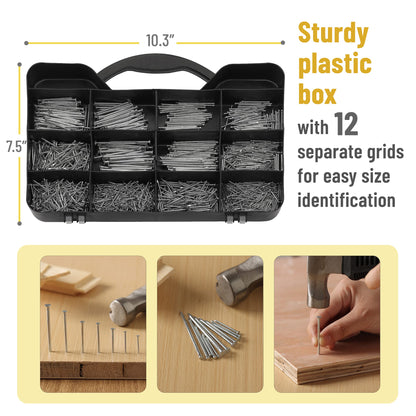 Mr. Pen Nail Assortment Kit, 1500 Pcs, Assorted 12 Sizes Brad Head and Flat Head Zinc-Galvanized Nails, Suitable for General Repairs and Hanging Pictures