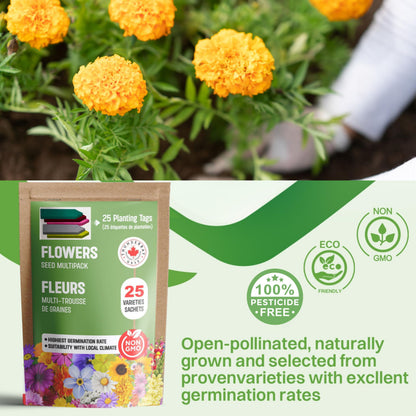 25 Packs Sachets Flowers Varieties Heirloom Seeds Packets Seeds with 25 Planting Labels 100% Non-GMO. Sachets de graines potagères