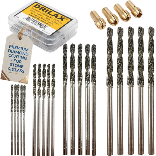 Drilax 24-Piece Diamond Drill Bit Set (1mm, 1.5mm, 2mm, 2.5mm) Compatible with Dremel Rotary Tools, Includes 4 Collets – for Stones, Sea Glass, Shells, Gemstones & Jewelry