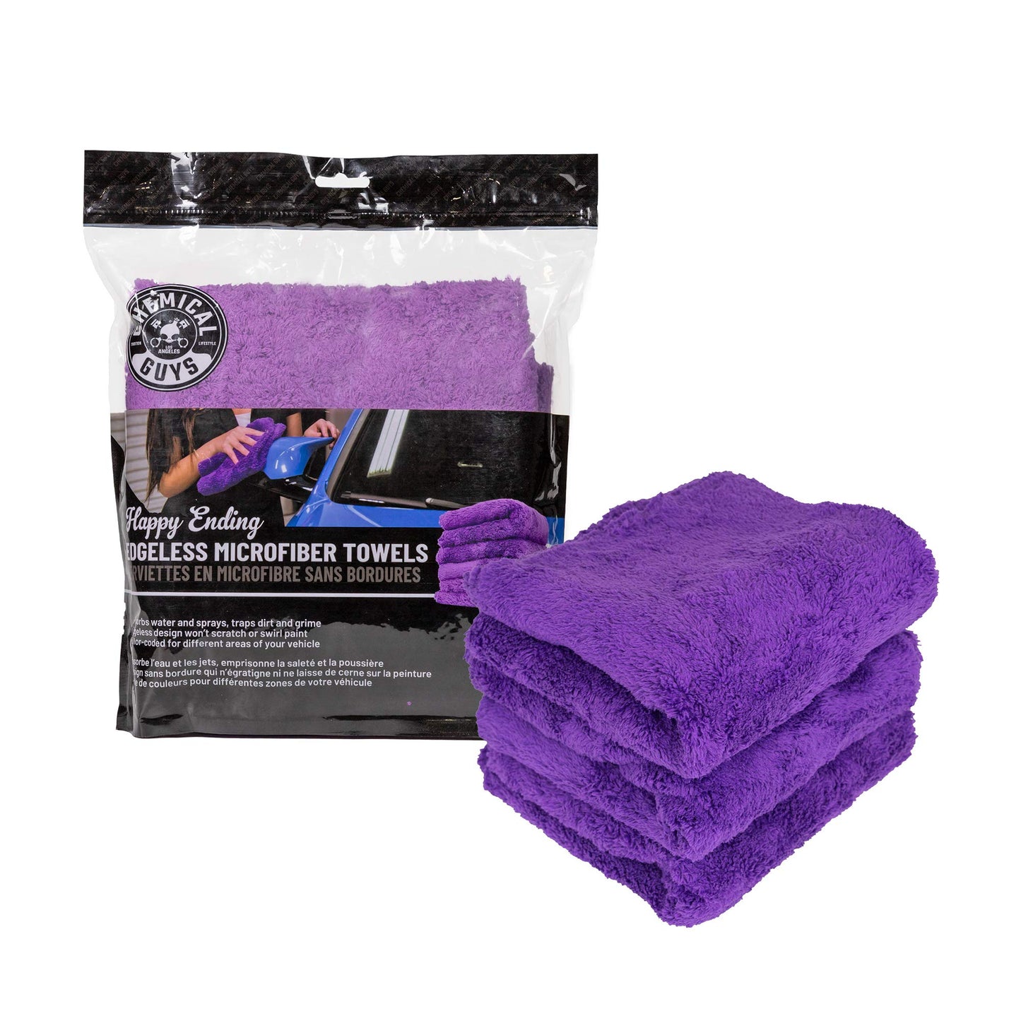 Chemical Guys Happy Ending Ultra Plush Edgeless Microfiber Towel, Purple, 16" x 16" (Pack of 3)