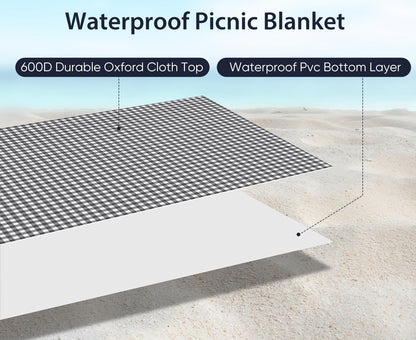 BARTHKIT Extra Large Outdoor Picnic Blanket, 79"x79" Waterproof Sandproof Beach Blanket, Portable Camping Blanket Lightweight for Camping Beach Park Courtyard, Black & White Grid