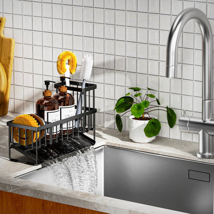 Cisily Extra Large Kitchen Sink Caddy Organzier with High Brush Holder, Sponge Holder for Sink, 304 Rustproof Stainless, Kitchen Countertop Soap Dispenser Organizer, Kitchen Decor and Accessories