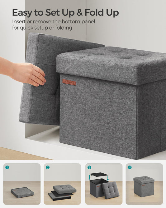 SONGMICS Folding Storage Ottoman Bench，30 x 30 x 30 cm，Ottoman Foot Rest, Storage Chest, Load 130 kg, for Living Room, Entryway, Dorm, Dark Gray ULSF028G01