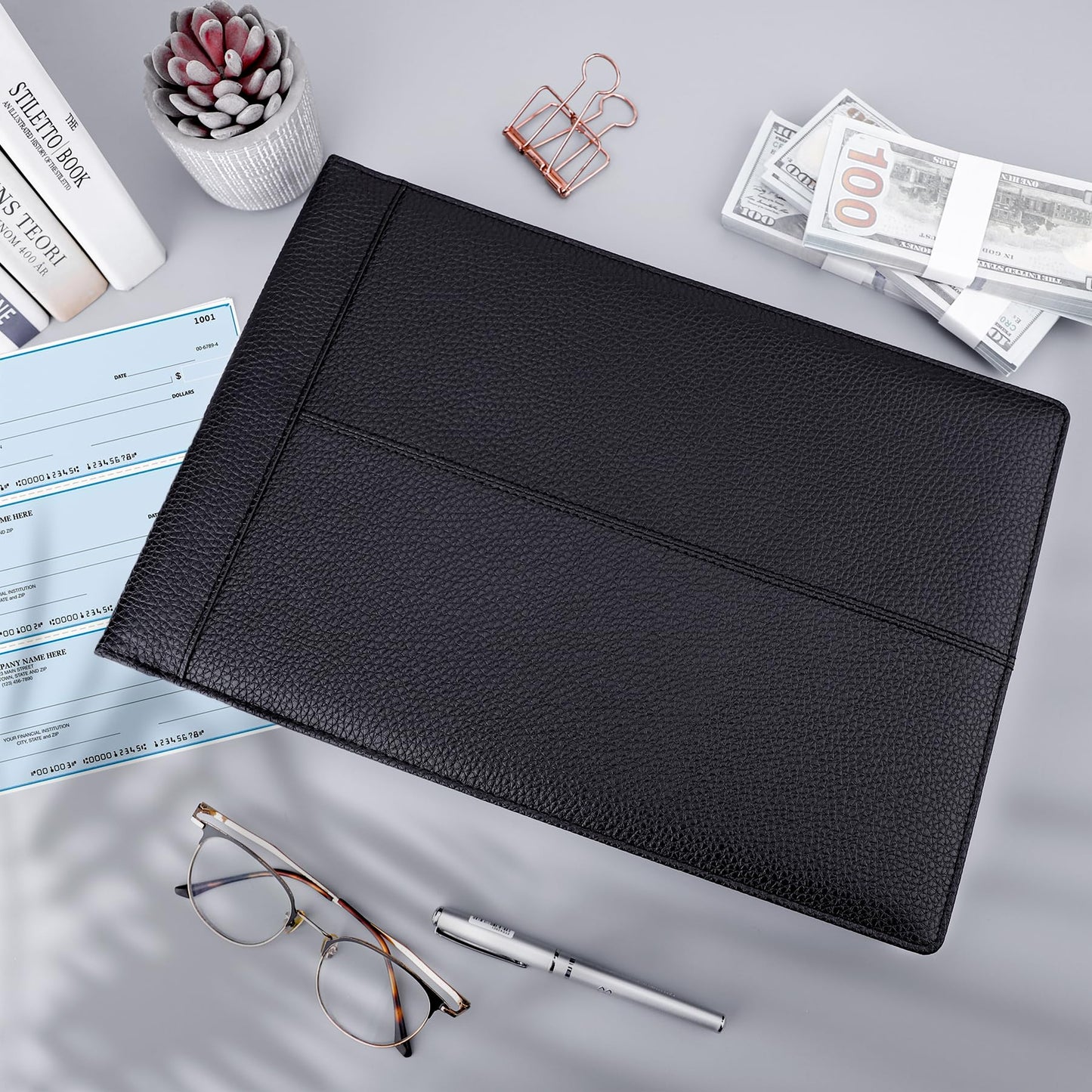 Antner 7 Ring Business Checkbook Binder for Business Checks, 600 Checks Capacity, PU Leather Check Binder with Zipper Pouch, Executive Check Book Binder Holder Portfolio for 9 x 13" Sheets, Black