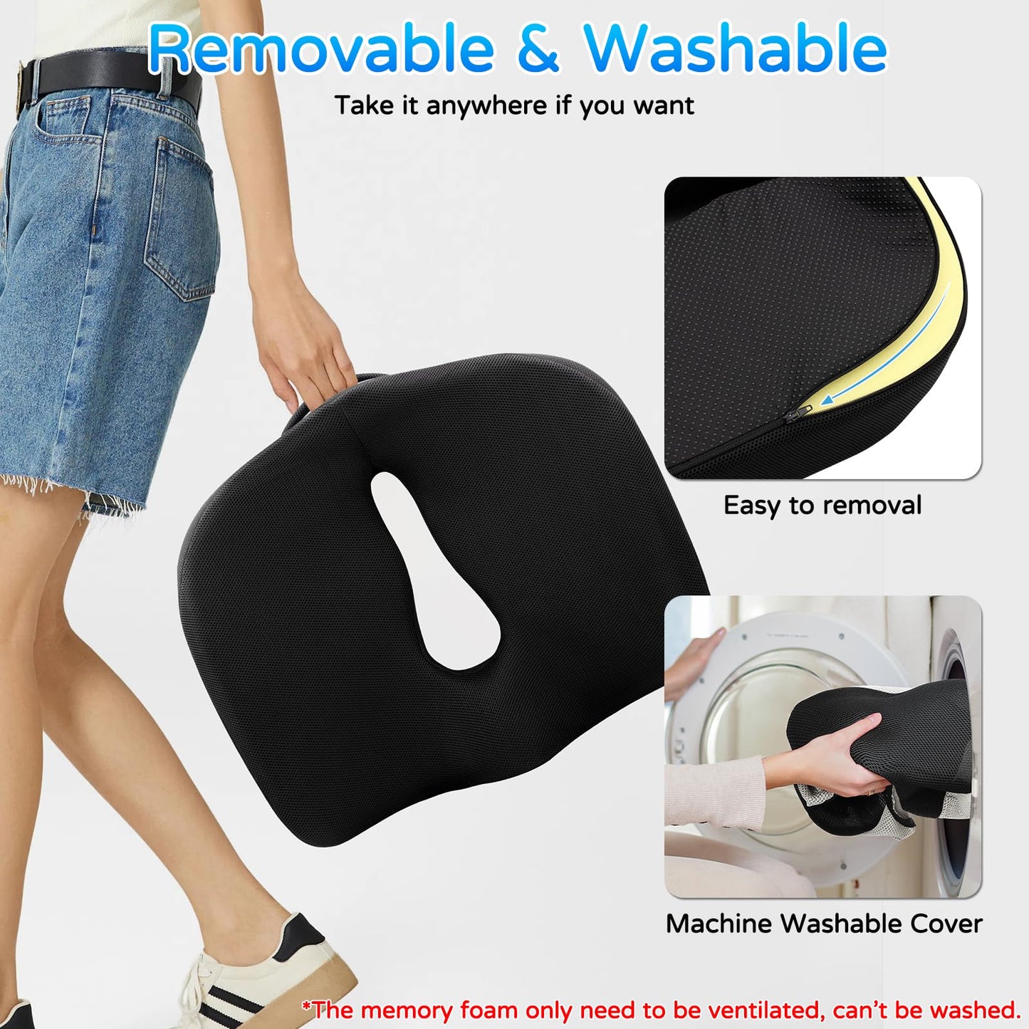 Seat Cushion for Long Sitting - Memory Foam Chair Pad Cushion for Tailbone, and Low Back Pain Relief - Non-Slip Seat Cushions for Office Chairs Wheelchair Car Seats,Black