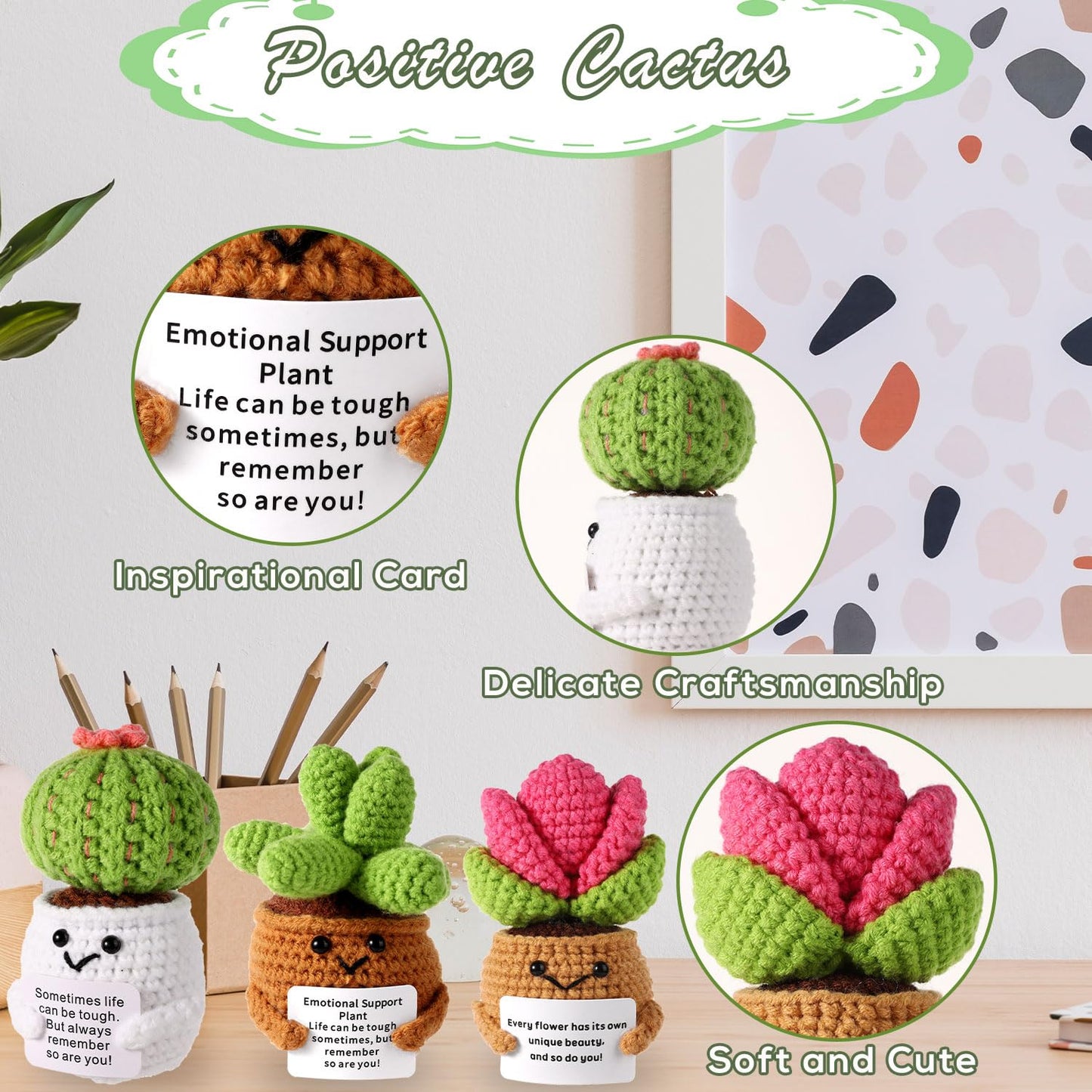 3pcs Positive Crochet Potted Plants, Positive Cactus Positive Crochet Succulent Crochet Cactus Knitted Succulent Positive Plants Crochet for Party Decoration Encouraging Gift