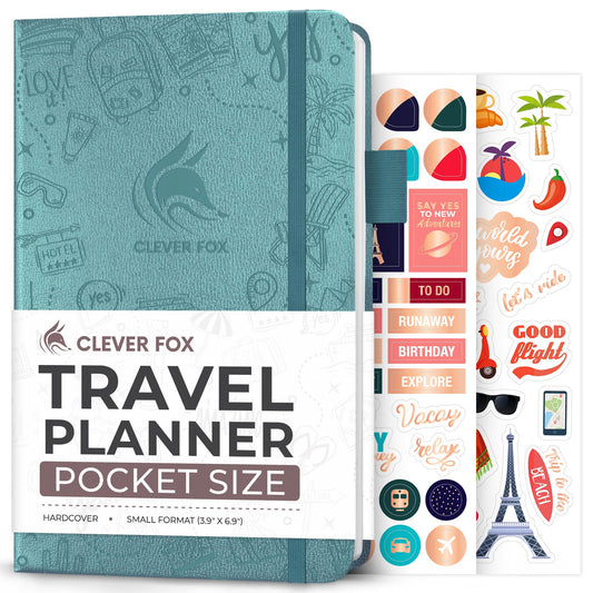 Clever Fox Travel Journal Pocket – Vacation & Road Trip Itinerary Planner Organizer & Traveling Memory Diary – Small Traveler Notebook (Aquamarine)
