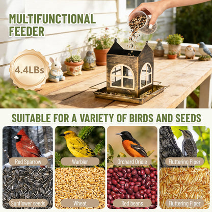 Bird Feeders Outdoor Hanging, Metal Squirrel Proof Wild Bird Feeder with Drainage Holes, Mangeoire Oiseaux Exterieur, Easy to Clean, Refill, Bronze Anti-Rust Decor for Garden