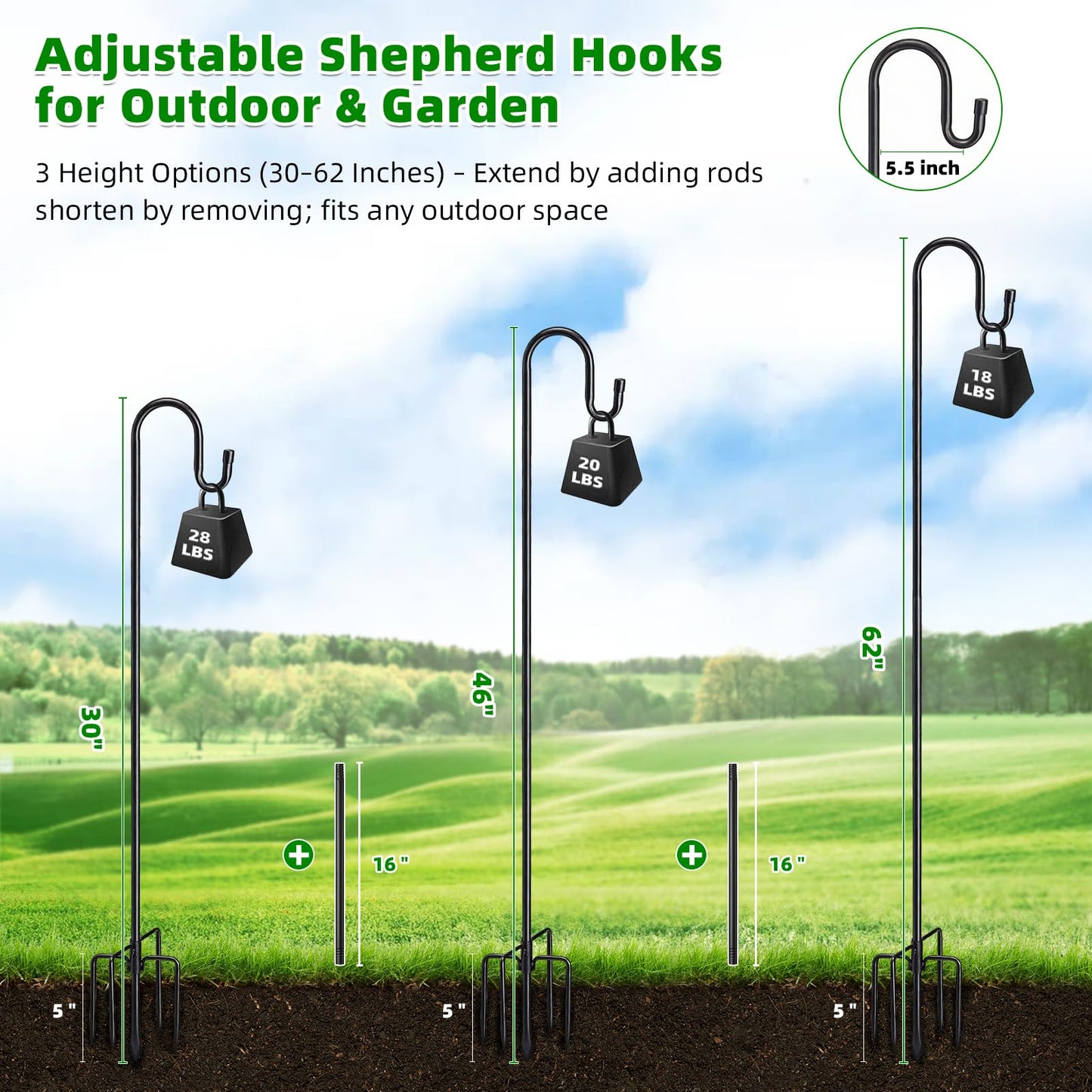 COCONUT 62" Heavy Duty Shepherds Hooks for Outdoor, Bird Feeder Pole with 5 Prong Base, Adjustable Height Shepherds Hook for Hummingbird Feeder, Bird Feeder, Plant, Wind Chimes, Lanterns (1 Pack)