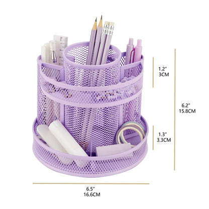 Annova Mesh Desk Organizer Rotate with 6 Compartments Round Spinning Tidy Candy/Pen Holder Desk Accessories Office, Art Supply, Storage, Classroom, Home (Light Purple)
