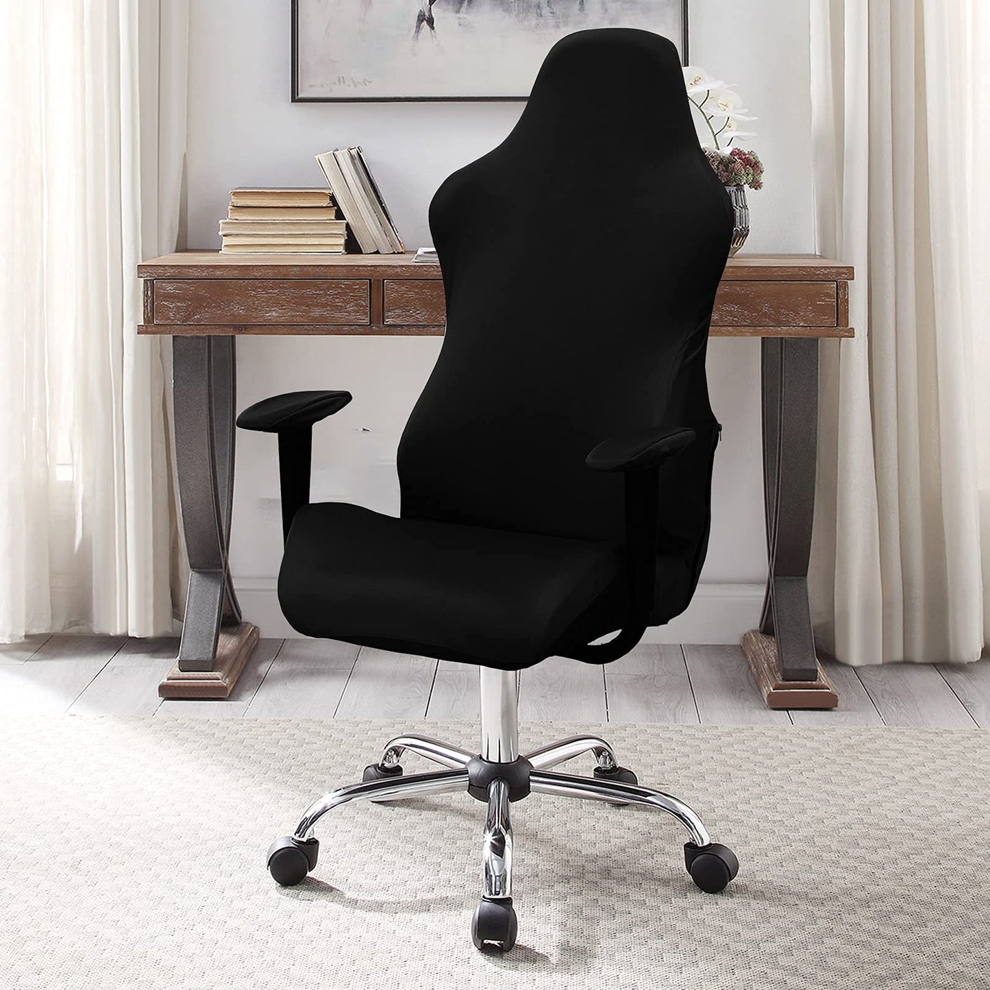 Gaming Chair Covers, Leather Computer Reclining Racing Ruffled Gamer Chair Protector, Stretchable Washable Stylish Slipcovers for Leather Computer Gamer Chair Protector (Black)