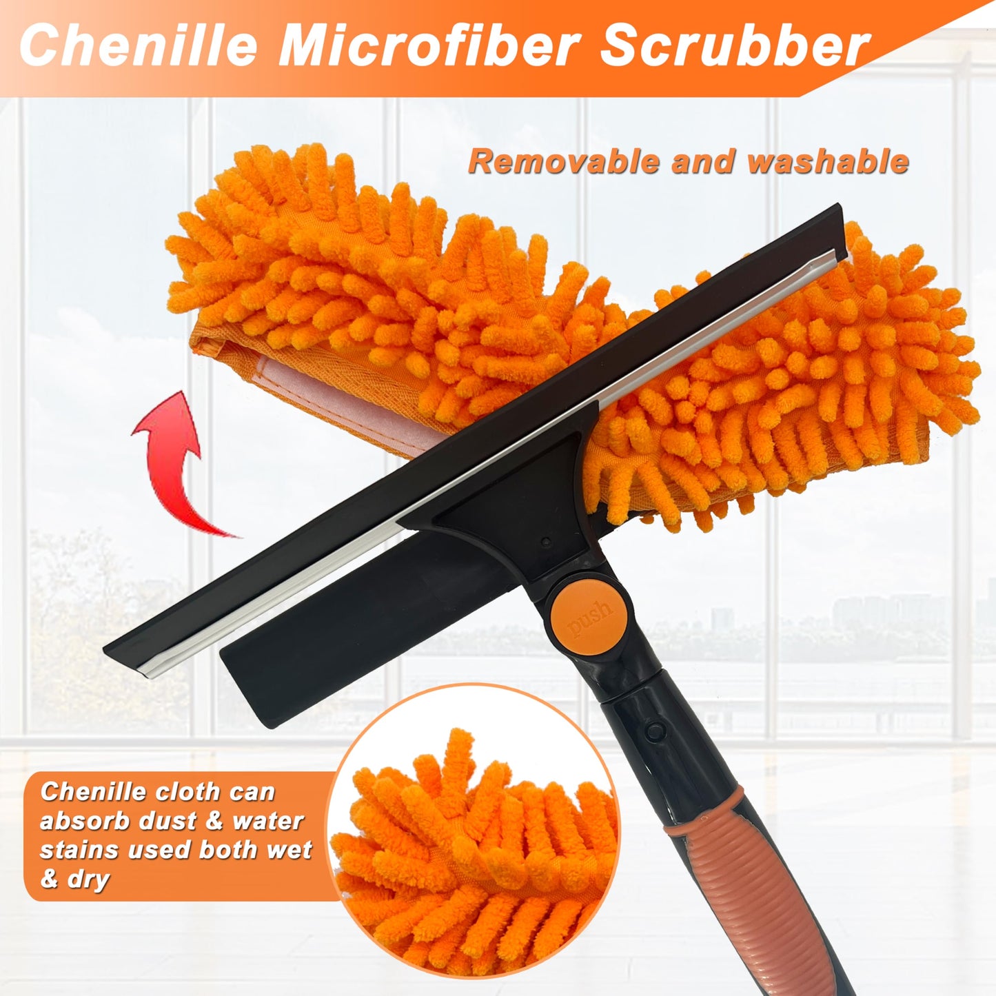 Window Cleaning Tools Window Squeegee Extendable Cleaner 2 in 1 Rotatable Double-Sided High Windows Washing Squeegee Duster with 3-14Ft Extension Poles Outdoor