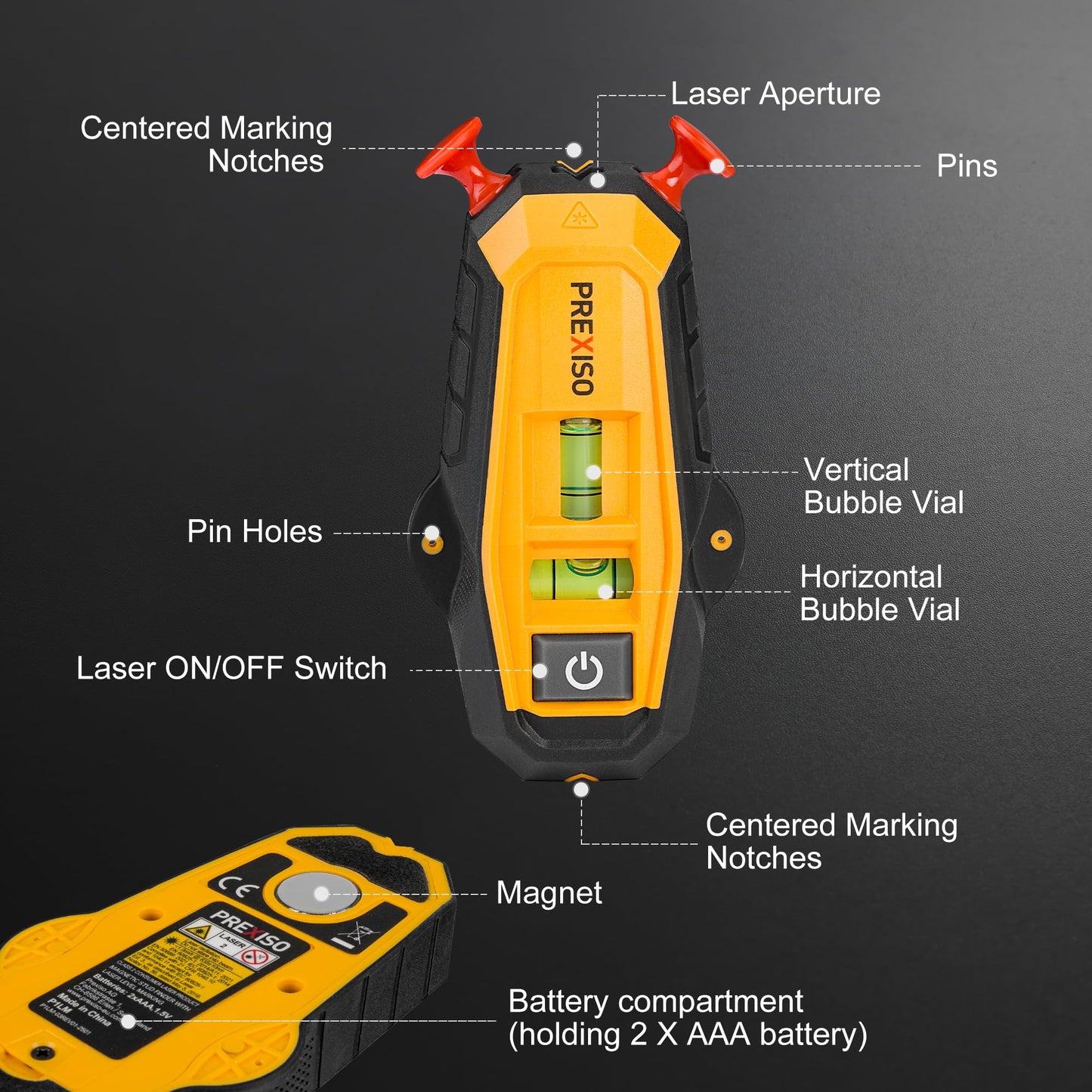 PREXISO 2-in-1 Magnetic Stud Finder with Laser Level, Multi Surface Line Laser, Compact Wood & Metal Detector with Bubble Vials for Accurate Markings, Wall Scanners Tool for Hanging Frames & Pictures