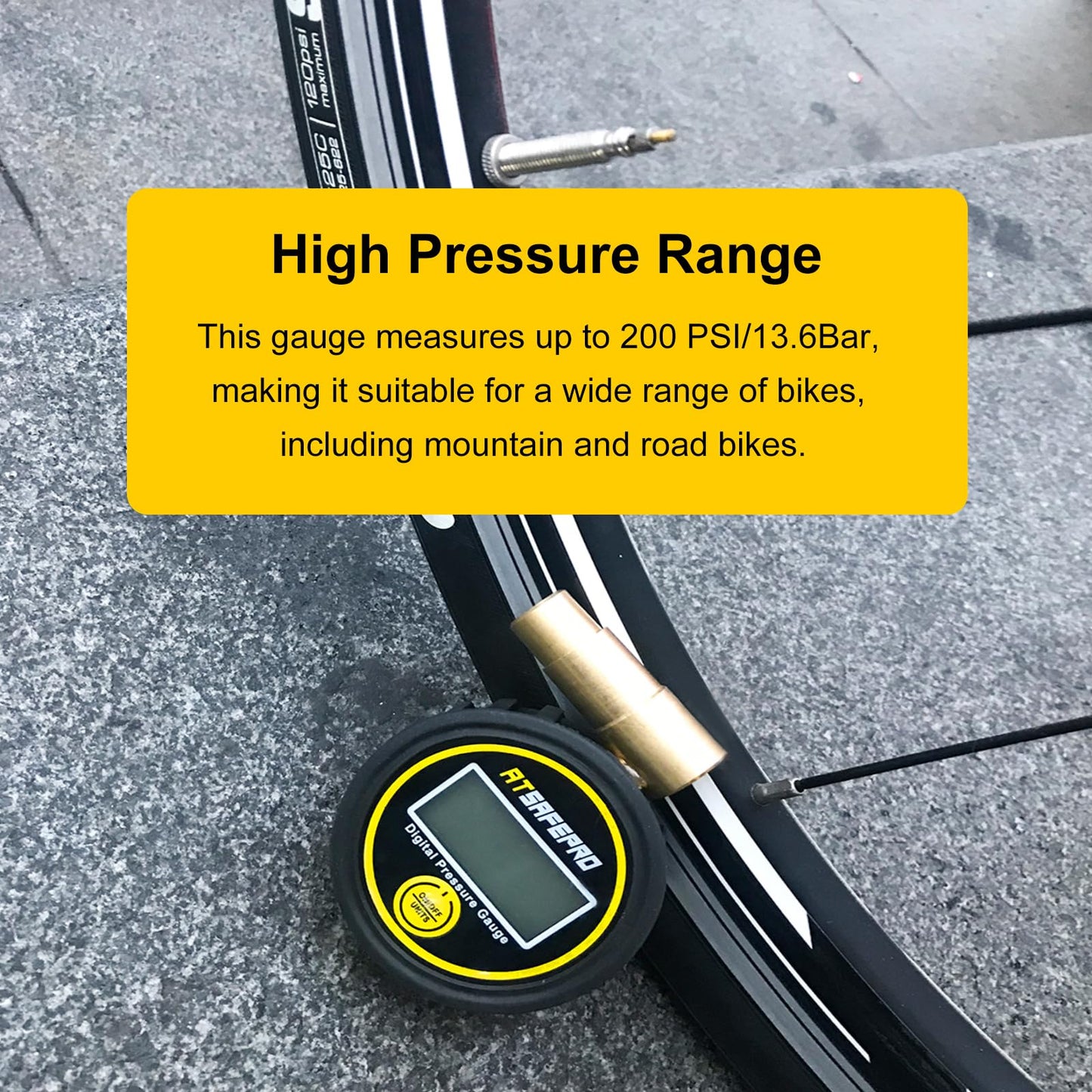 ATsafepro Digital Bike Tire Pressure Gauge - 200 PSI/13.6Bar, Presta Tire Pressure Gauge for Bike,Accurate Tire Pressure Gauge for Mountain & Road Bikes, Easy-to-Read LCD Display