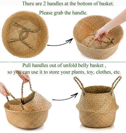 Yesland 2 Pack Woven Seagrass Plant Basket with Handles, Ideal Storage Plant Pot Cover for Laundry, Picnic, Beach Bag and Grocery Basket (L)