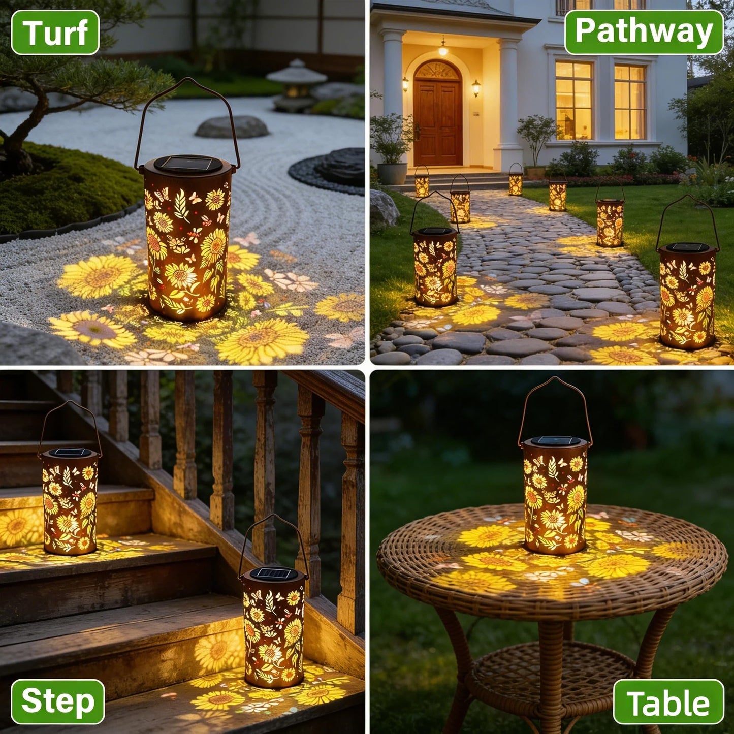 UZIMOO Solar Sunflower Lanterns Outdoor, Waterproof Hanging Lantern Lights, Hollowed-Out Metal Decor Lantern, Multicoloured LED Garden Decoration Light for Patio, Yard, Pathway, Landscape, Lawn