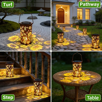 UZIMOO Solar Sunflower Lanterns Outdoor, Waterproof Hanging Lantern Lights, Hollowed-Out Metal Decor Lantern, Multicoloured LED Garden Decoration Light for Patio, Yard, Pathway, Landscape, Lawn