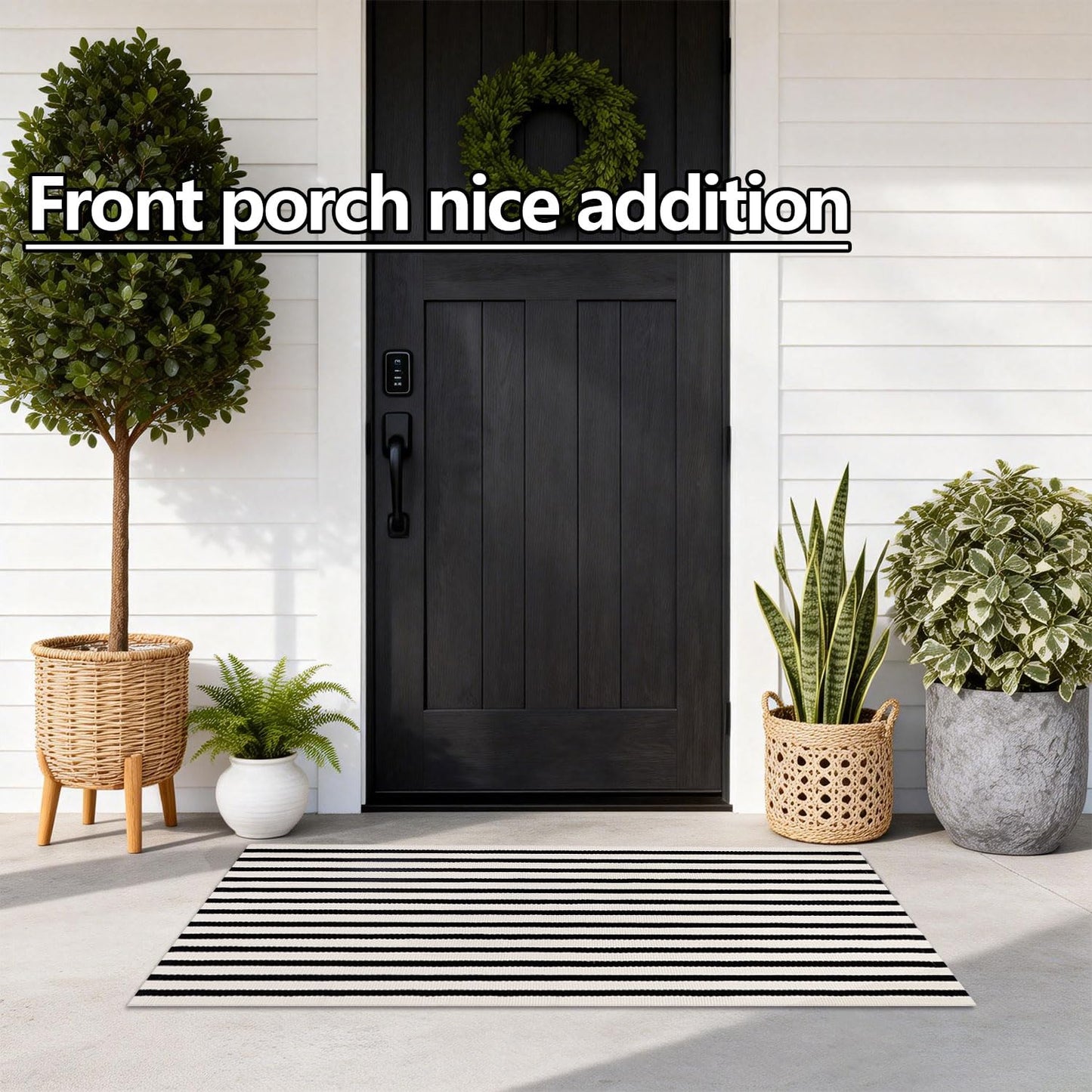 Rustaa Black and Beige Front Door Mat Outdoor Cotton Welcome Mat Outdoor Farmhouse Layered Mat Washable Stripe Outdoor Mats for Entrance Front Door Porch Balcony(2x4.2ft)