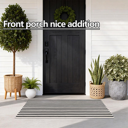 Rustaa Black and Beige Front Door Mat Outdoor Cotton Welcome Mat Outdoor Farmhouse Layered Mat Washable Stripe Outdoor Mats for Entrance Front Door Porch Balcony(2x4.2ft)