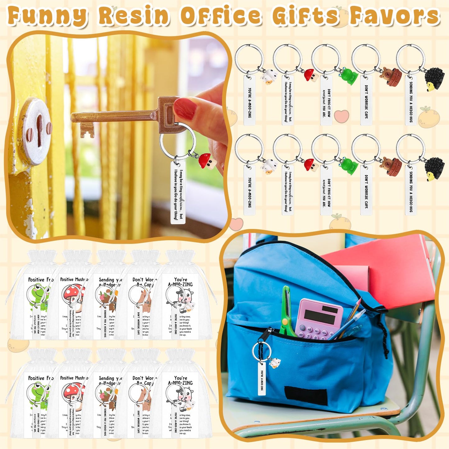 20 Set Employee Appreciation Gifts Bulk for Coworkers Thank You Staff Gift Mixed Animal Pun Keychains Thank You Cards Organza Bag Funny Resin Office Gifts Favors for Team Teacher Social Worker Nurse