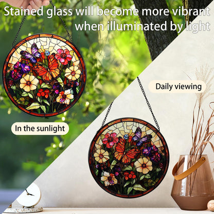 UXORSN Butterfly Faux Stained Glass Window Hanging Suncatcher 6 Inch Gifts for Mom Photo Family Portrait Handmade Sun Catcher Wall Art Home Decor for Women Garden Home Thanksgiving Christmas