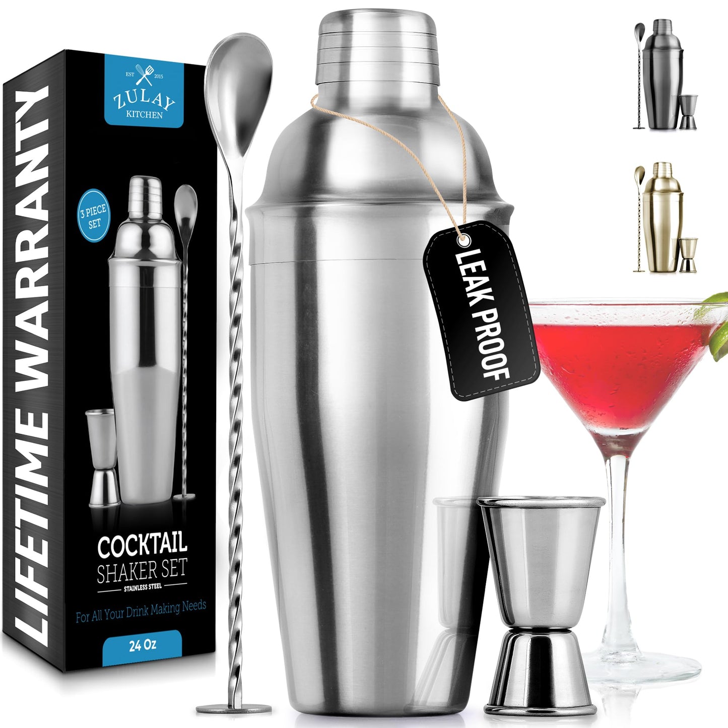 Zulay Kitchen 24 oz Stainless Steel Cocktail Shaker Set - Mixed Drink Shaker - Martini Shaker Set with Built in Strainer, Double Sided Jigger & Combo Muddler Mixing Spoon - Pro Margarita Shaker