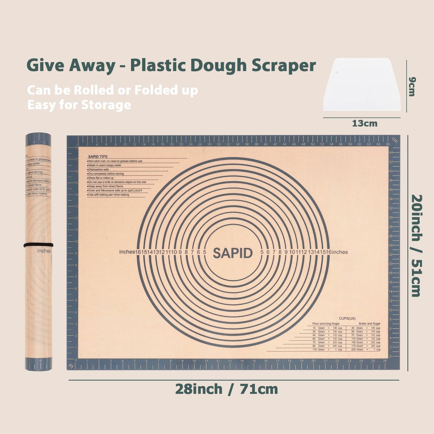 Sapid Extra Thick Silicone Pastry Mat Non-slip with Measurements for Non-stick Silicone Baking Mat Extra Large, Dough Rolling, Pie Crust, Kneading Mats, Countertop, Placement Mats (20 inch x 28 inch ,Gray)