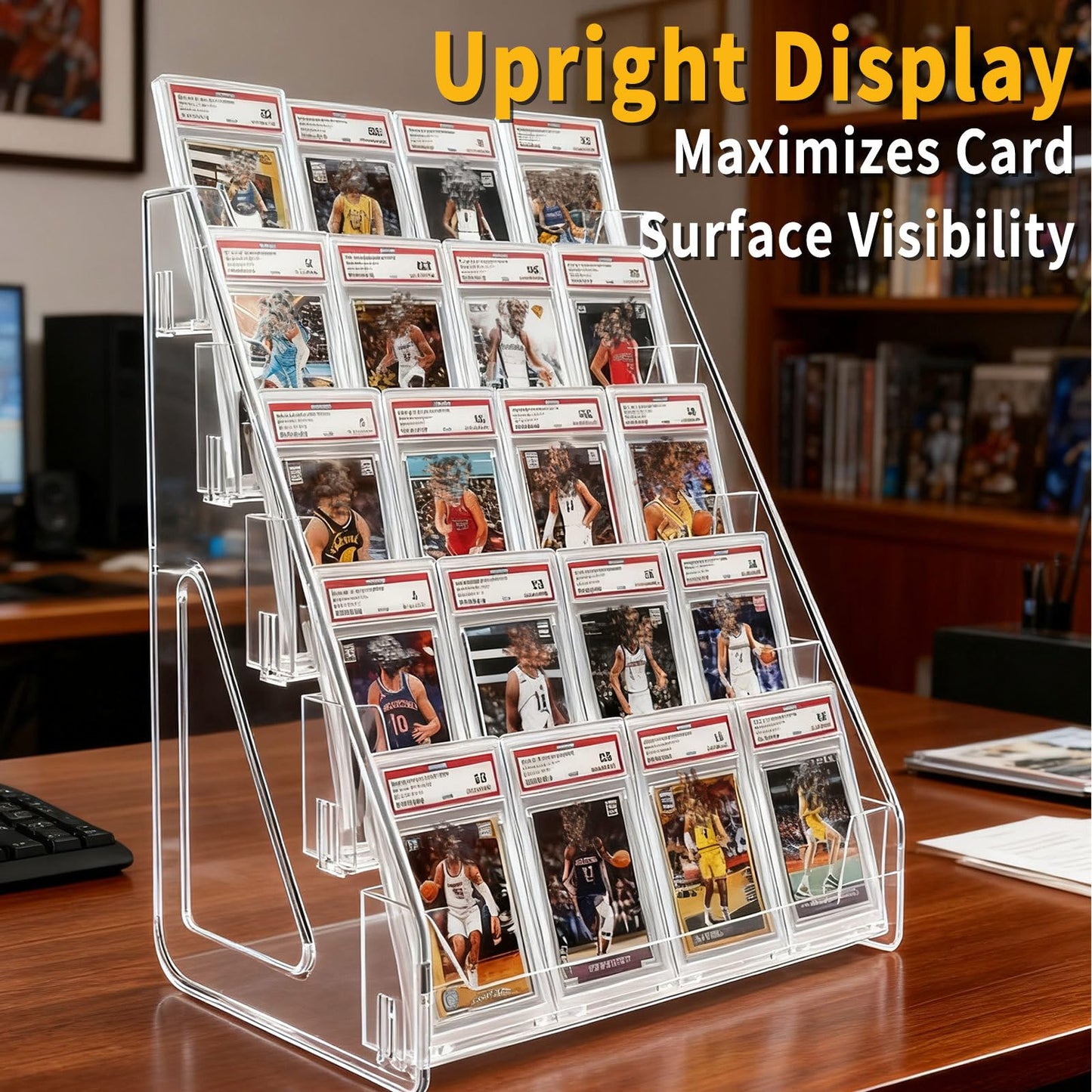 3-Tier Trading Card Display Stand – Transparent Vertical PET Rack for Standard Graded Card Slabs, Toploaders, Magnetic Holders, Sports Collections
