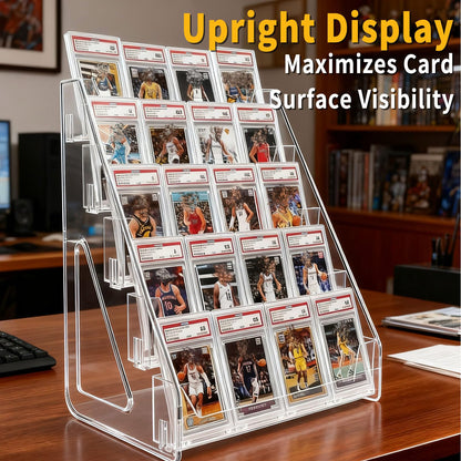 3-Tier Trading Card Display Stand – Transparent Vertical PET Rack for Standard Graded Card Slabs, Toploaders, Magnetic Holders, Sports Collections