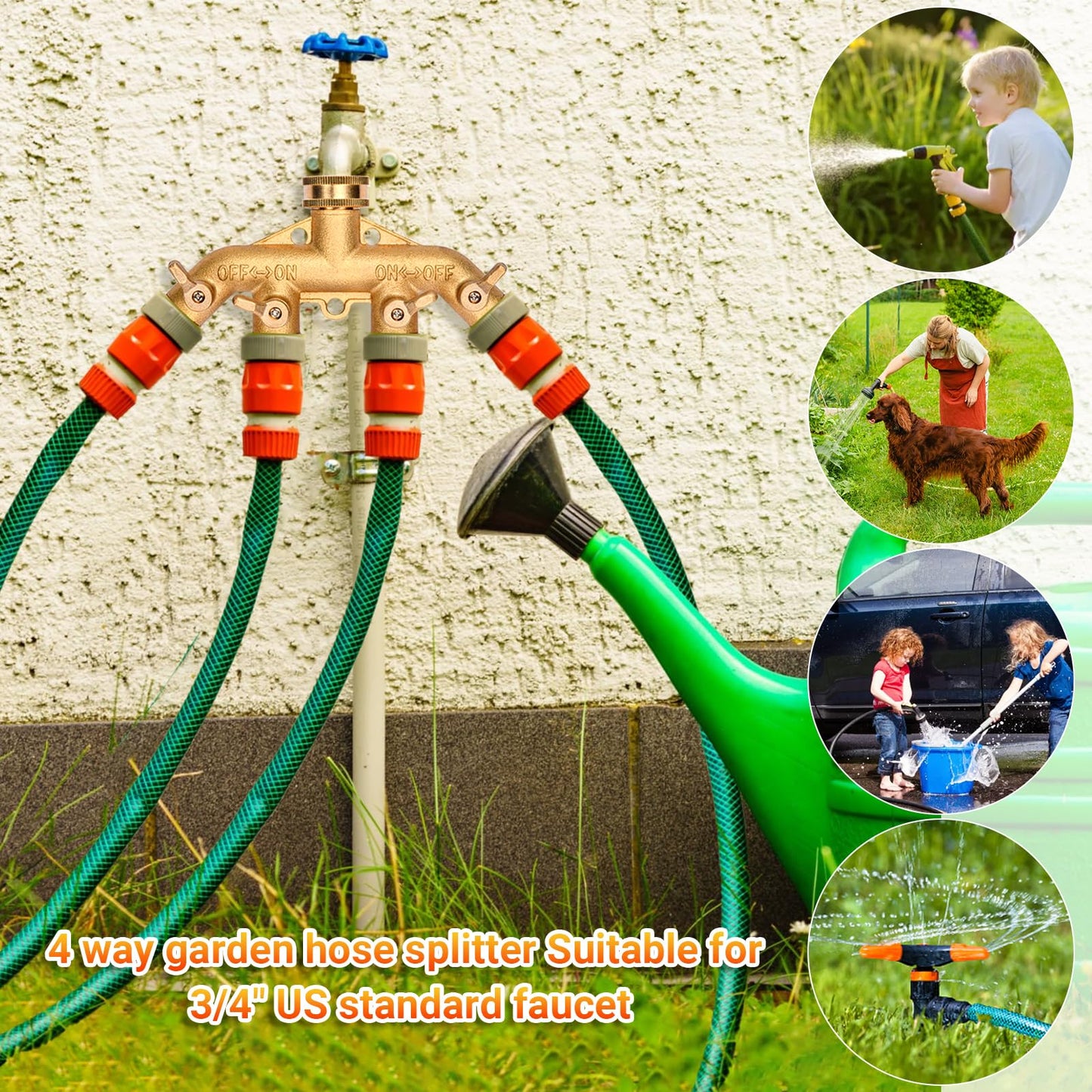 XIBETEO 4 Way Garden Hose Splitter 3/4" GHT Heavy Duty Solid Brass Garden Hose Splitter Hose Spigot Adapter with 4 independently Controlled valves 8 Washers for Garden, Home Life, Household Use