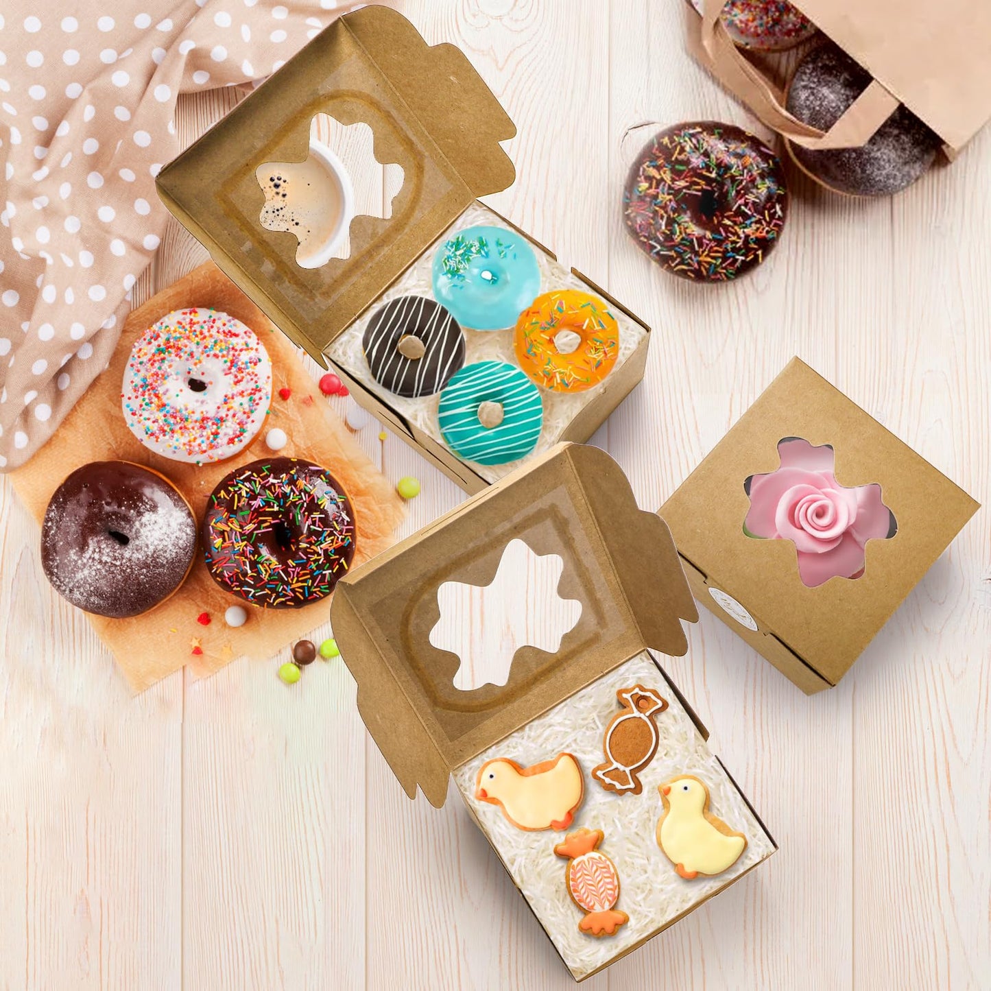 ZEAYEA 150 Pcs Small Bakery Boxes with Window, 4x4x2.5 Inch Treat Boxes for Gifting, Mini Dessert Boxes for Cupcakes, Chocolate, Strawberries, Muffins, Pastry