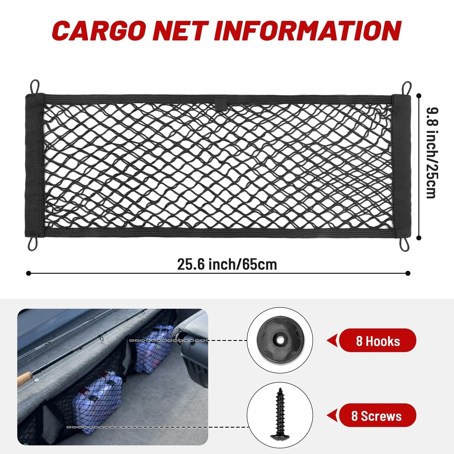 RED WOLF 2 Pcs Universal Cargo Net Pocket Elastic Mesh Netting Car Mesh Pouch for Trunk RV Boats Home Cargo Storage Mesh with Screws and Hooks (25.6'' x 9.8'')