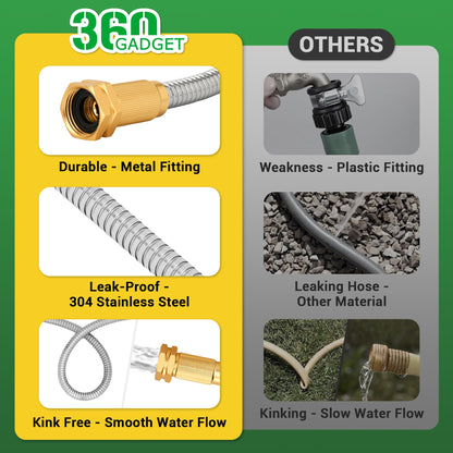 360 GADGET Garden Hose - Short Water Leader Metal Hose 10 FT with Female to Female Fitting, Flexible, Heavy Duty Hose Extension for Outdoor Hose Reel/Dehumidifier/RV、304 Stainless Steel